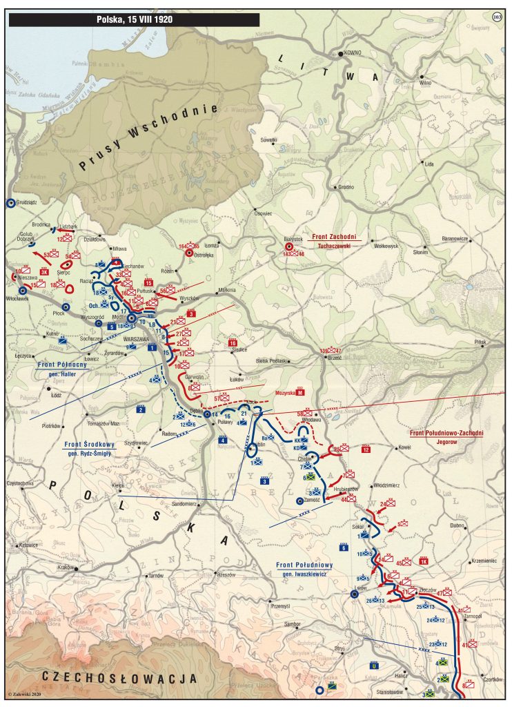 Barwna, podłużna mapa w pastelowej kolorystyce zieleni, żółcieni i oranżu. Kolorystyka służy wyeksponowaniu intensywnych czerwonych i granatowych elementów linii i ugrupowań frontów, biegnących po przekątnej od dolnego, prawego narożnika. Front polski zaznaczony jest na granatowo, front bolszewicki zaznaczony jest na czerwono. W lewym, górnym rogu mapy, na czarnym pasku umieszczony jest napis w białym kolorze: Polska, 15 sierpnia 1920.  U góry wyróżniony został obszar “Prusy wschodnie” i u dołu fragment Czechosłowacji. W lewym, dolnym rogu znajduje się oznaczenie praw autorskich z abrewiaturą (literą C w okręgu) przy nazwisku Zalewski 2020. 