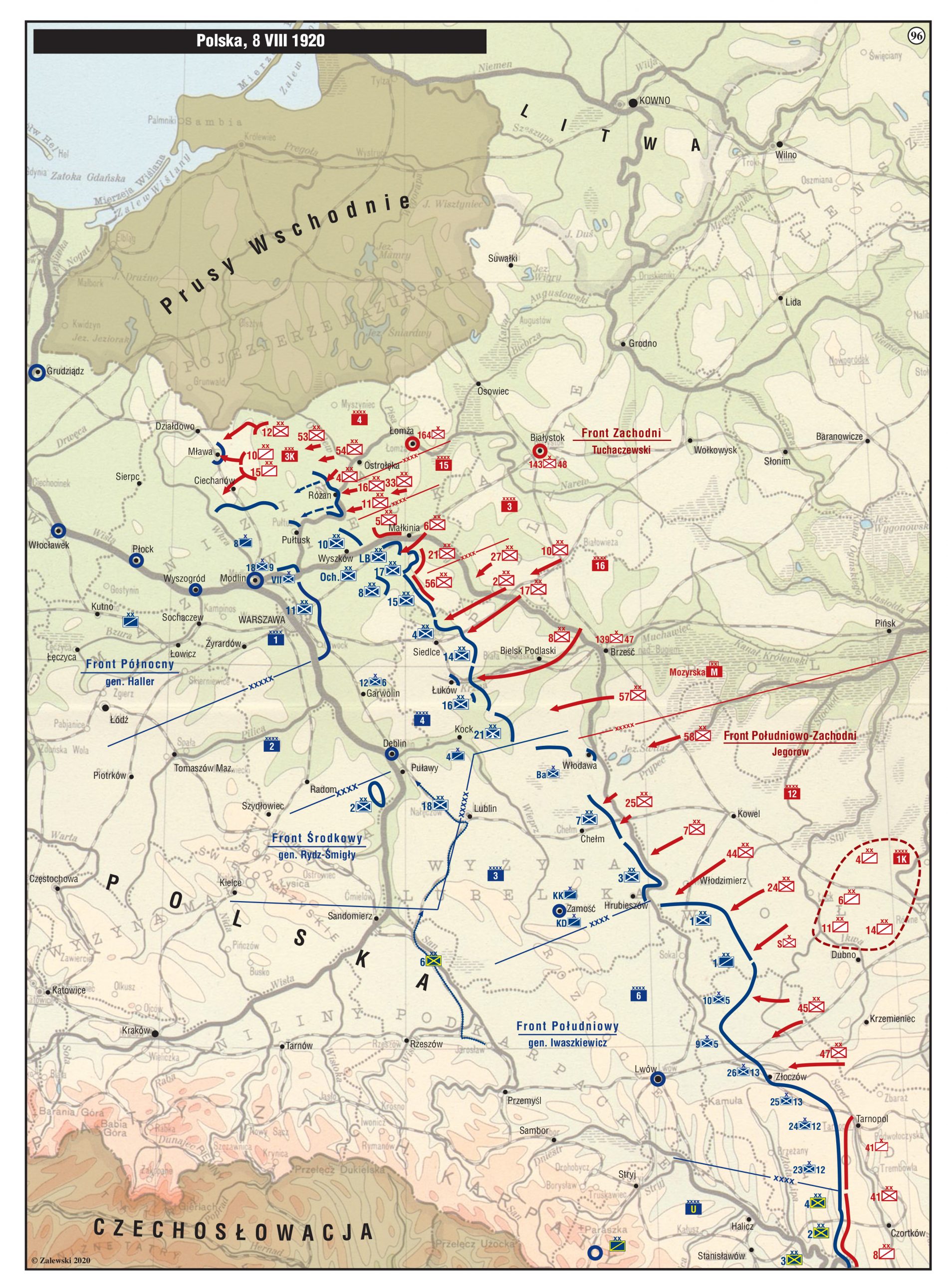 Barwna, podłużna mapa w pastelowej kolorystyce zieleni, żółcieni i oranżu. Kolorystyka służy wyeksponowaniu intensywnych czerwonych i granatowych elementów linii i ugrupowań frontów, biegnących po przekątnej od dolnego, prawego narożnika. Front polski zaznaczony jest na granatowo, front bolszewicki zaznaczony jest na czerwono. W lewym, górnym rogu mapy, na czarnym pasku umieszczony jest napis w białym kolorze: Polska, 8 sierpnia 1920.  U góry wyróżniony został obszar “Prusy wschodnie” i u dołu fragment Czechosłowacji. W lewym, dolnym rogu znajduje się oznaczenie praw autorskich z abrewiaturą (literą C w okręgu) przy nazwisku Zalewski 2020. 


